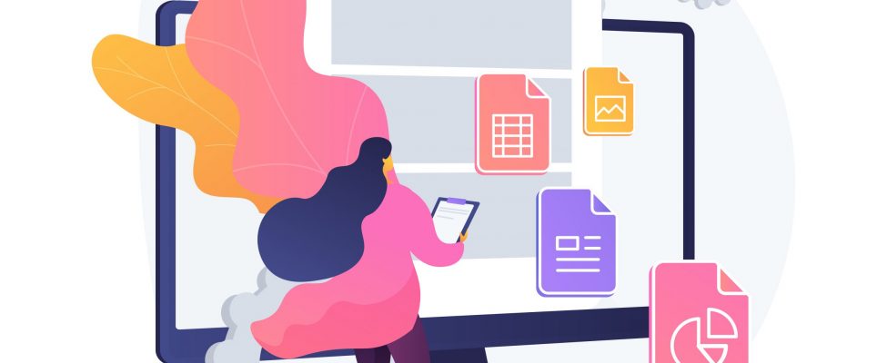 Document management soft abstract concept vector illustration. Document flow app, compound docs, cloud-based DMS, platform for sharing files online. manage business processes abstract metaphor.